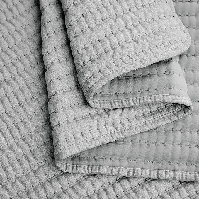WDCOZY Grey Pick Stitch Queen Size Quilt Set, Striped Channel Lightweight Soft All Season Bedspread, Bamboo Linen Like Textured Coverlet, Farmhouse Country Rustic Bedding, Thin Comforter