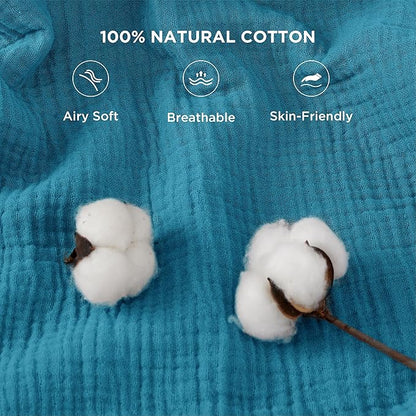 Bedsure 100% Cotton Muslin Throw Blanket Twin XL for Bed - 4-Layer Breathable and Lightweight Thin Soft Summer Gauze Muslin Blankets for Adults, Teal, 66x90 Inches