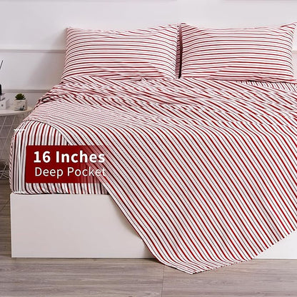 Best Season Burgundy Red Striped Sheets Set Twin Size 3 Piece - Super Soft, Easy Care & Breathable Red and White Pinstripe Bed Sheet Set with 16-Inch Deep Pockets, Great Gift for Christmas & Birthday