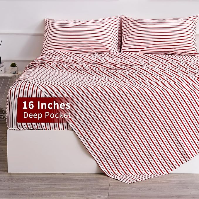 Burgundy Red Striped Sheets Set Queen Size 4 Piece - Super Soft, Easy Care & Breathable Red and White Pinstripe Bed Sheet Set with 16-Inch Deep Pockets, Great Gift for Christmas & Birthday