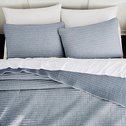 WDCOZY Chambray Pick Stitch Queen Size Quilt Set, Denim Blue Striped Lightweight Soft Summer Spring Bedspread, Bamboo Linen Like Textured Coverlet, Farmhouse Country Rustic Bedding, Thin Comforter