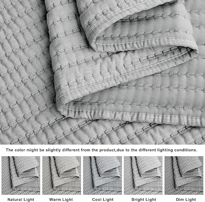 WDCOZY Grey Pick Stitch Queen Size Quilt Set, Striped Channel Lightweight Soft All Season Bedspread, Bamboo Linen Like Textured Coverlet, Farmhouse Country Rustic Bedding, Thin Comforter