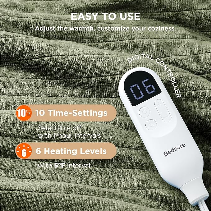 Bedsure Electric Blanket Twin - Soft Flannel Heated Blanket, Fast Heating with 10 Time Settings & 6 Heat Settings, Warm Gift for Grandma (62x84 inches, Olive Green)