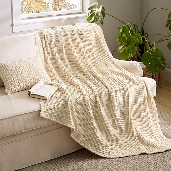 Bedsure 5 PCS Cotton Comforter Set with Waffle Throw Blanket - Breathable Bedding Set for All Seasons, Olive Green Comforter King Size, Pillow Shams, Beige 100% Cotton Blanket, Throw Pillow