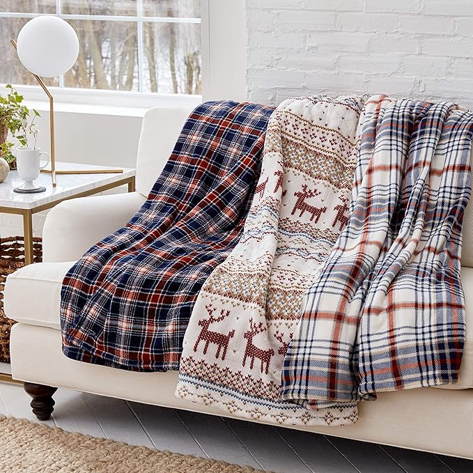 Eddie Bauer | Smart Heated Electric Throw Blanket - Reversible Sherpa - Plaid Blue