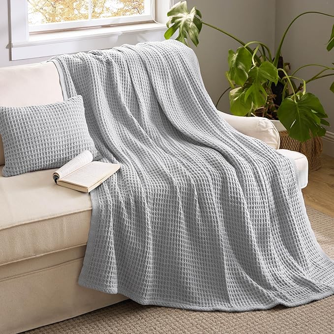 Bedsure 5 Pieces Cotton Comforter Set with Waffle Throw Blanket - Soft Breathable Bedding Set for All Seasons, Dark Grey Queen Comforter, Pillow Shams, Grey 100% Cotton Blanket, Throw Pillow