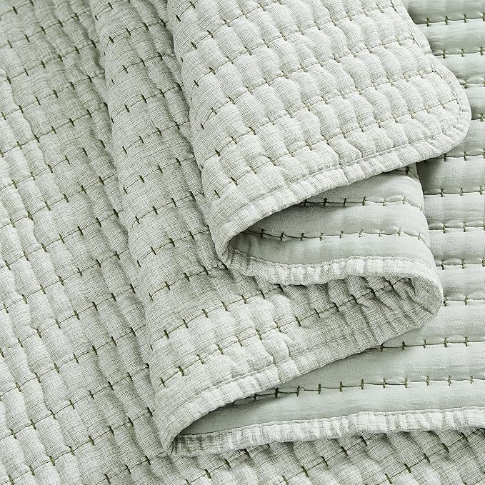 WDCOZY Sage Green Pick Stitch King Size Quilt Set, Striped Lightweight Soft Summer Spring Bedspread, Bamboo Linen Like Textured Coverlet, Chambray Farmhouse Country Rustic Thin Bedding Comforter