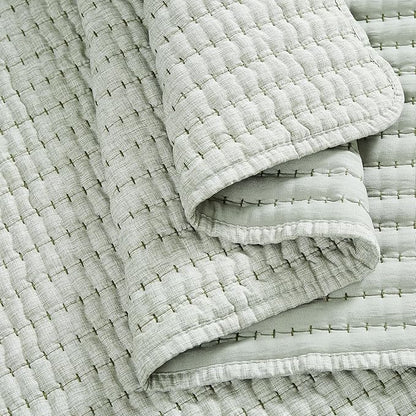 WDCOZY Sage Green Pick Stitch King Size Quilt Set, Striped Lightweight Soft Summer Spring Bedspread, Bamboo Linen Like Textured Coverlet, Chambray Farmhouse Country Rustic Thin Bedding Comforter