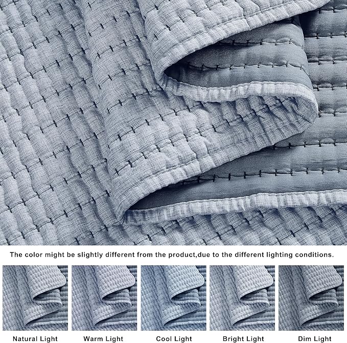 WDCOZY Chambray Pick Stitch Twin Size Quilt Set, Denim Blue Striped Lightweight Soft Summer Spring Bedspread, Bamboo Linen Like Textured Coverlet, Farmhouse Country Rustic Bedding, Thin Comforter