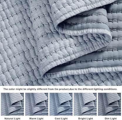 WDCOZY Chambray Pick Stitch Queen Size Quilt Set, Denim Blue Striped Lightweight Soft Summer Spring Bedspread, Bamboo Linen Like Textured Coverlet, Farmhouse Country Rustic Bedding, Thin Comforter