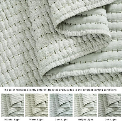 WDCOZY Sage Green Pick Stitch Queen Size Quilt Set, Striped Lightweight Soft Summer Spring Bedspread, Bamboo Linen Like Textured Coverlet, Chambray Farmhouse Country Rustic Thin Bedding Comforter