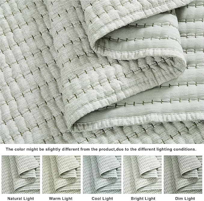 WDCOZY Sage Green Pick Stitch Twin Size Quilt Set, Striped Lightweight Soft Summer Spring Bedspread, Bamboo Linen Like Textured Coverlet, Chambray Farmhouse Country Rustic Thin Bedding Comforter