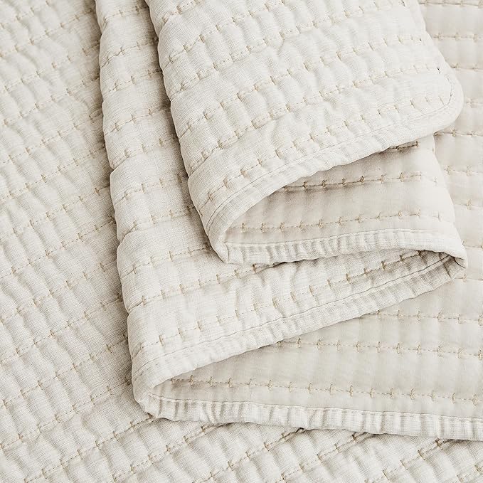 WDCOZY Beige Pick Stitch Twin Size Quilt Set, Striped Lightweight Soft Summer Spring Bedspread, Bamboo Linen Like Textured Coverlet, Chambray Farmhouse Country Rustic Bedding, Netural Thin Comforter