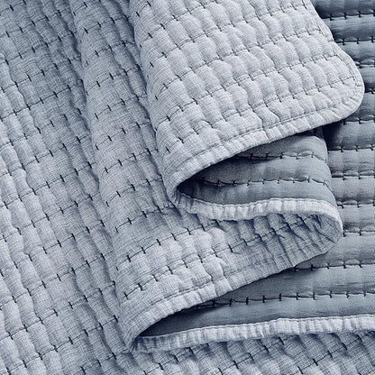 WDCOZY Chambray Pick Stitch Twin Size Quilt Set, Denim Blue Striped Lightweight Soft Summer Spring Bedspread, Bamboo Linen Like Textured Coverlet, Farmhouse Country Rustic Bedding, Thin Comforter