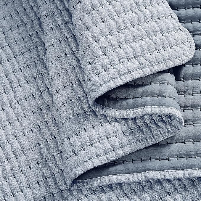 WDCOZY Chambray Pick Stitch King Size Quilt Set, Denim Blue Striped Lightweight Soft Summer Spring Bedspread, Bamboo Linen Like Textured Coverlet, Farmhouse Country Rustic Bedding, Thin Comforter